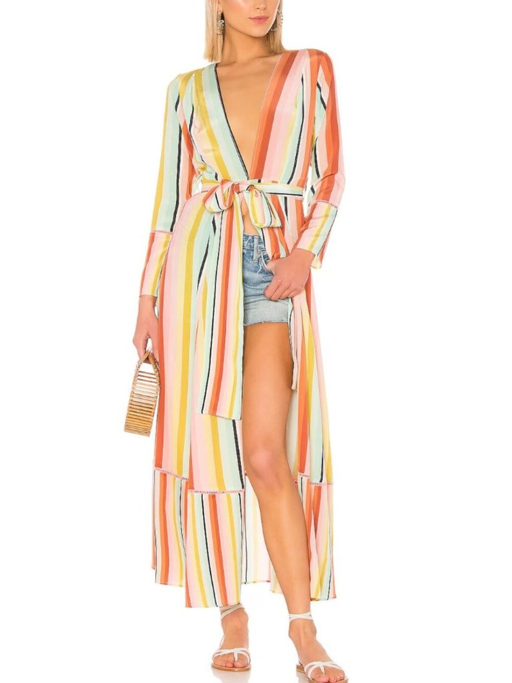 we are LEONE Contrast Maxi Cardigan Dress Desert Stripe Silk Size S/M